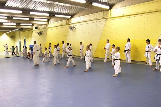 A class of karate students practicing in lines and learning martial arts